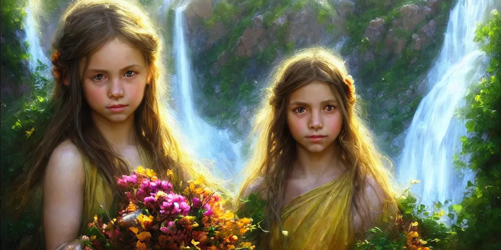 Image similar to hyperrealist portrait of a girl offers a bouquet of flowers to the ancient god of salt, gold and myrrh in a natural landscape with a huge waterfall behind. by daniel f. gerhartz, fantasy art, photo realistic, dynamic lighting, artstation, poster, volumetric lighting, very detailed faces, 4 k, award winning