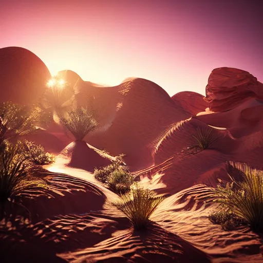 Prompt: desert oasis, mellower dreams, extreme detail, octane render, trending on artstation, 4 k, medium shot, fantasy, symmetrical, bokeh, volumetric backlighting, subsurface scattering.