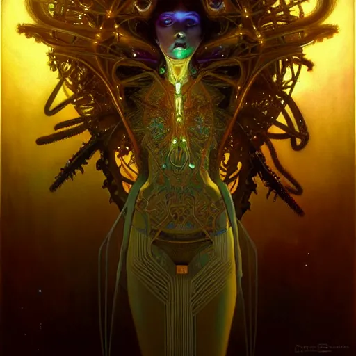 Image similar to extremely psychedelic beautiful cyborg virus infected by night. intricate, elegant, highly detailed, extremely lifelike photorealistic digital painting, artstation. steichen, gaston bussiere, tom bagshaw, cyberpunk alphonse mucha. totally elegant. anatomically correct. sharp focus. black and gold. surreal lush hallucination