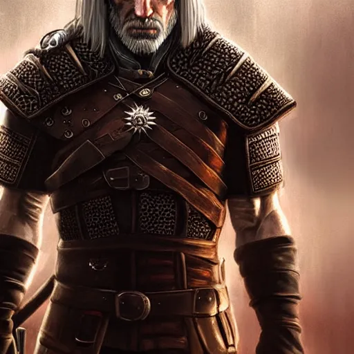 Prompt: geralt of rivia with long beard and intense eyes, scarred, from torso up, portrait, sinister atmospheric lighting. highly detailed painting by greg rutkowski, anime style