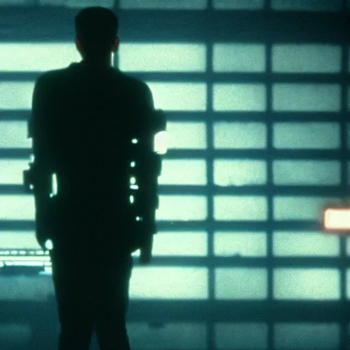 Prompt: cinematic portrait of a runaway cyborg in an empty room, still from the movie bladerunner