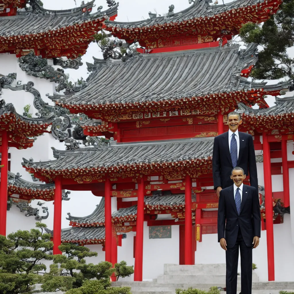 Prompt: a photo of Barack Obama wearing a Kimono standing in front of an chinese temple