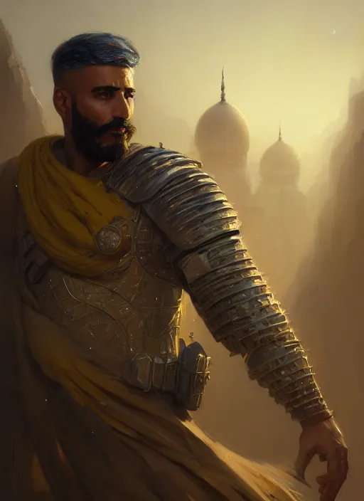 Prompt: highly detailed portrait arab man superhero, armor, yellow charcoal, stephen bliss, 8 k, unreal engine, fantasy art by greg rutkowski, loish, rhads, ferdinand knab, makoto shinkai and lois van baarle, ilya kuvshinov, rossdraws, tom bagshaw, global illumination, radiant light, detailed and intricate environment