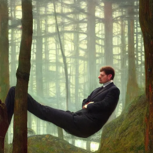 Image similar to detailed and oil painting, hyper realistic | cinematic lighting, award - winning | an unconscious businessman floating in the misty forest | by austin osman spare, by gustav klimt, by william waterhouse and tom bagshaw | trending on artstation, cgsociety, official art, octane.