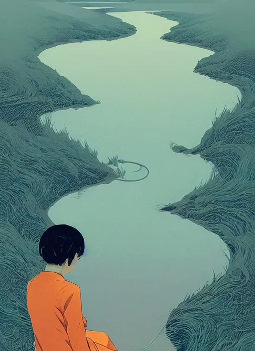 Image similar to nezha killed himself by the river, the storm by ilya kuvshinov and victo ngai