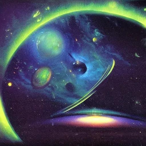 Image similar to Green nebula without planets, Syd Mead, John Harris, Federico Pelat,