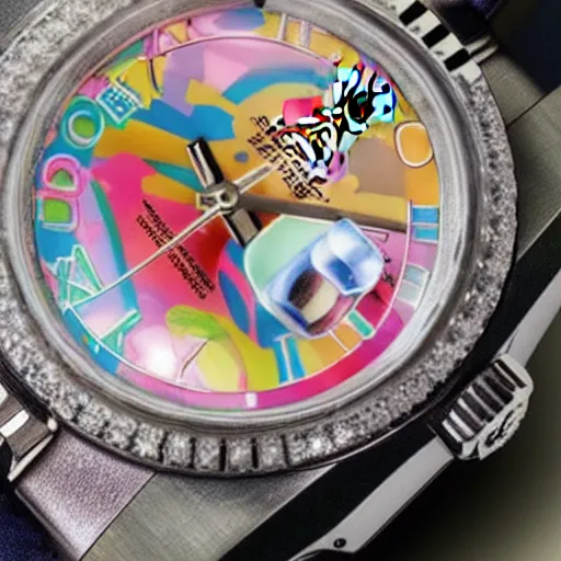 Image similar to Rolex Datejust baby toy made of colorful plastic by Fisher Price, close up, photo