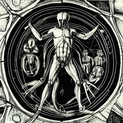 Image similar to a diagram of a xenomorph in the style of leonardo da vinci's vitruvian man