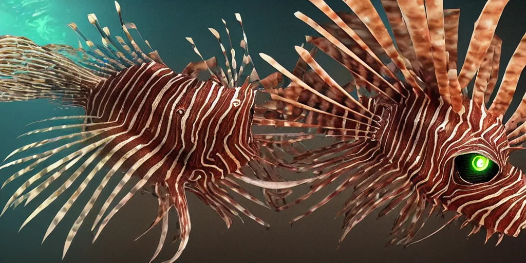 Image similar to lionfish, stylized layered textures, long flowing fins, bioluminescent orbs, 3 d render, substance painter, glowing eye, smooth, sharp focus, art by h r giger