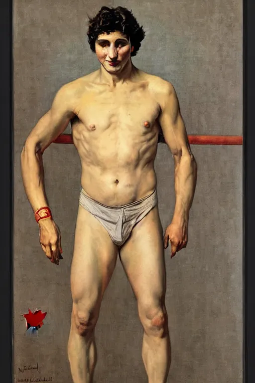 Prompt: body portrait of Justin Trudeau posing as a wrestler, colour painting by norman rockwell, guidi prime background by carl spitzweg