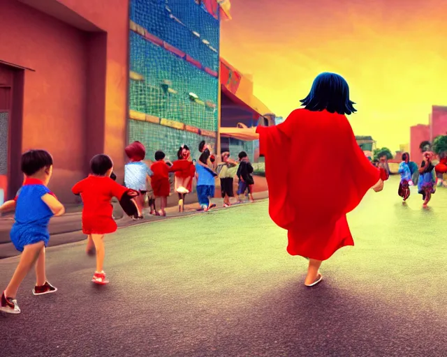 Prompt: Hispanic Granny In A Red MuMu Throwing A Slide Sandal At A Bunch Of Kids Running Away From Her, Anime Style, Manga Style, 8K, HDR, San Antonio Texas Cityscape Sunset, HDR, volumetric lighting, Hyperrealistic-H 960