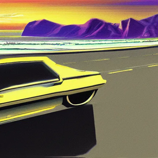 Image similar to detailed painting of a car driving along the pacific coast highway, midnight, synthwave, concept art