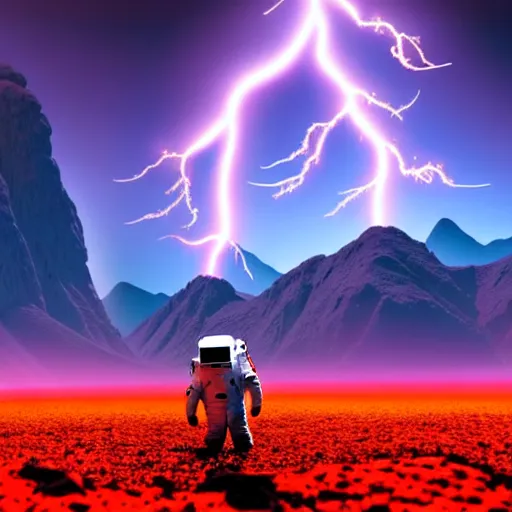 Image similar to astronaut finding a flower on an alien planet with mountains, water, strange clouds, hyper realistic, dramatic lightning, ray tracing, 8 k