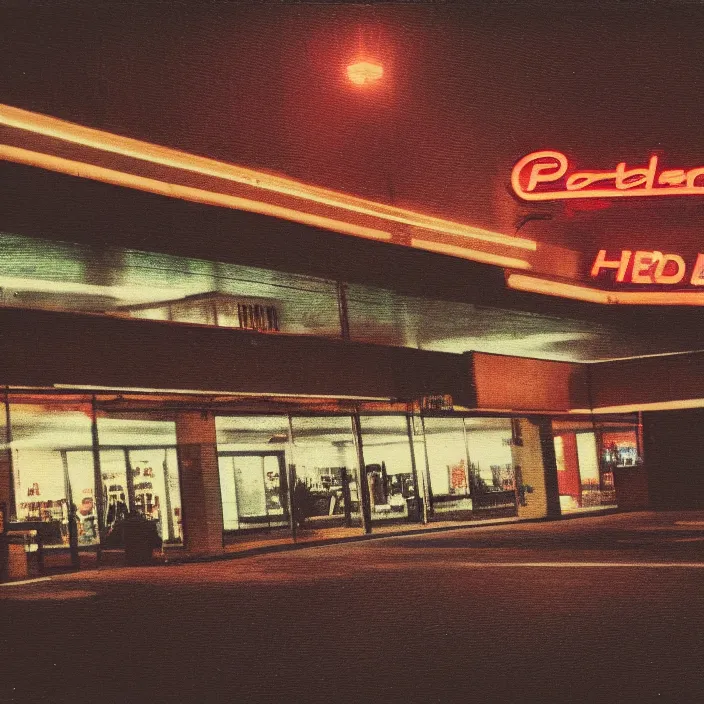 Prompt: unsettling polaroid of a retro mall at night, art by dariusz zawadski, deep depth of field. highly detailed, hyper realism, hd, 4 k