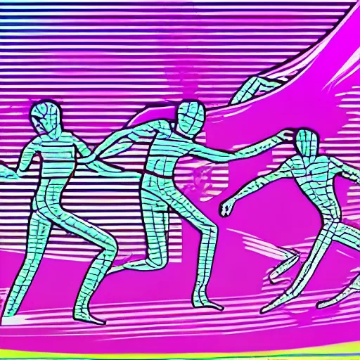 Image similar to synthwave generative art of lines forming the bodies of dancing people in the style of Ad Reinhart