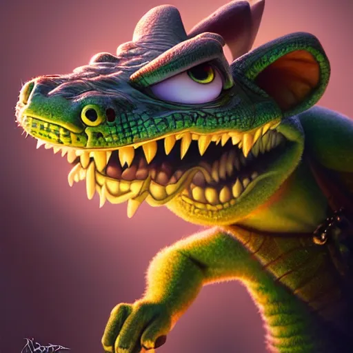 Prompt: portrait of a cartoon crocodile smiling, medium shot, zootopia, fantasy, intricate, cinematic lighting, digital painting, artstation, concept art, smooth, sharp focus, pixar zootopia illustration, art by artgerm and greg rutkowski and disney, detailed textures, award winning portrait studio lighting by jessica rossier and brian froud and gaston bussiere