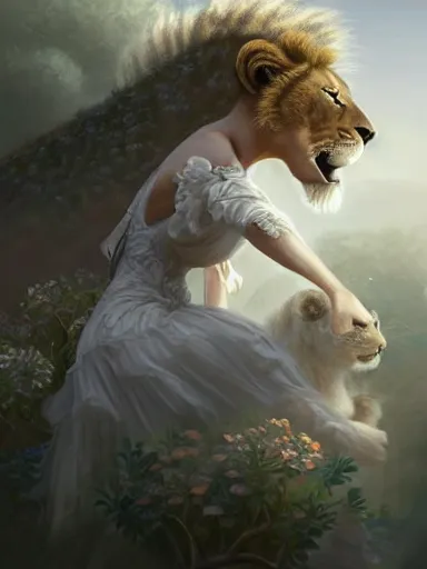 Image similar to a woman, wearing a cute white dress adorned with flowers, dominating a ferocious lion. intricate, elegant, highly detailed, digital painting, artstation, concept art, sharp focus, illustration, by justin gerard and artgerm, 8 k