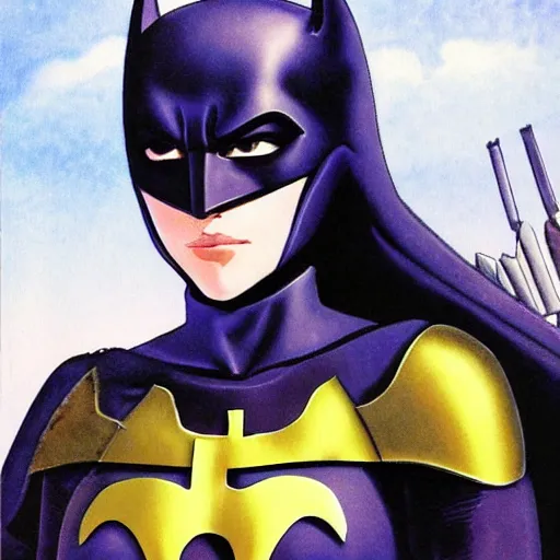 Prompt: head and shoulders portrait of a female knight, batgirl, by miyazaki, anime