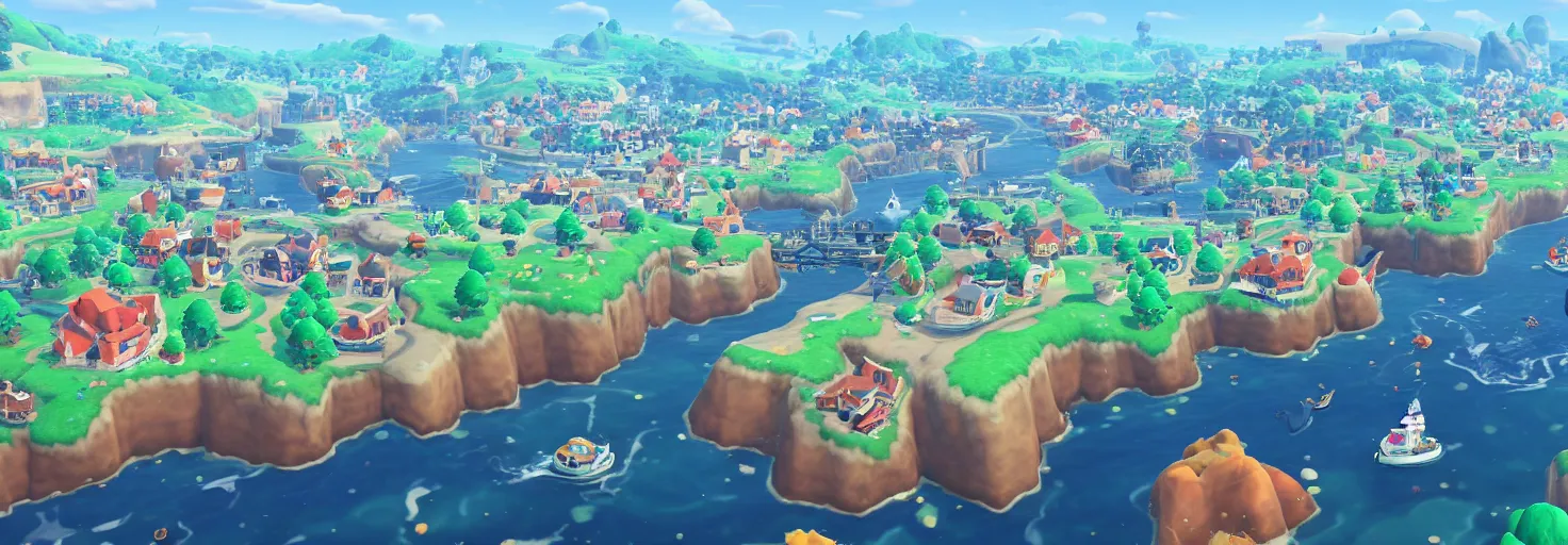 Image similar to a beautiful port town as seen from above in the style of animal crossing new horizons and ori and the blind forest h 6 4 0