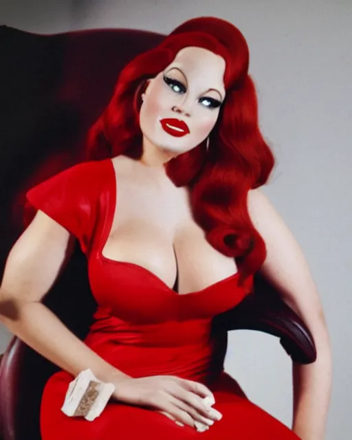 Image similar to Jessica Rabbit wearing red dress eating a bag of Doritos, sitting on a chair, photograph