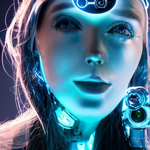 Prompt: beautiful centered Fine art photo portrait of enrapture Allison Parker as a solarpunk robotic humanoid, white mechanical parts with led lights, photorealistic, white background, highly detailed and intricate, sunset lighting, HDR 8k