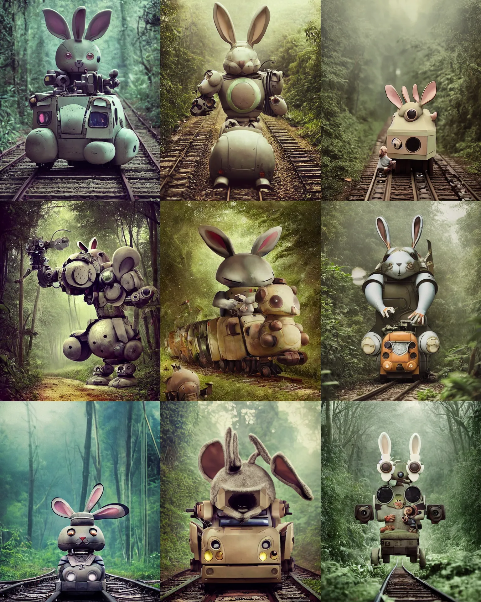 Prompt: epic battle pose !!!giant oversized battle rabbit robot chubby mech baby as train cute whimsical scary dirty with big ears and rabbit, on a jungle forest train track , full body , Cinematic focus, Polaroid photo, vintage , neutral dull colors, soft lights, foggy ,random weather, by oleg oprisco , by victor enrich