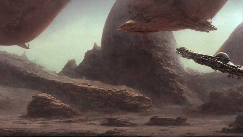 Image similar to small organic dropship lander by john schoenherr and jim burns, epic cinematic matte painting