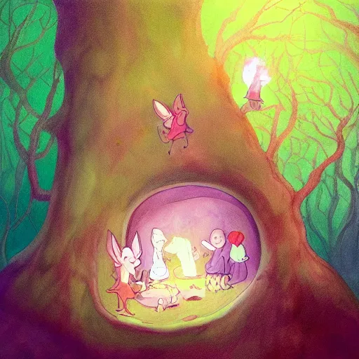 Prompt: a family of faeries living inside a hollow in a tree, masterpiece soft focus painting by kerascoet by marie pommepuy and sebastien cosset, dynamic lighting