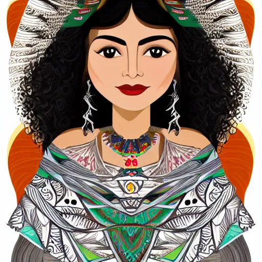 Image similar to beautiful illustration of a mexican woman of 4 0 years old, with curly black and silver hair, the woman has beautiful black eyes, her skin is light brown, she is dressed in shaman clothes, in the style of diego rivera