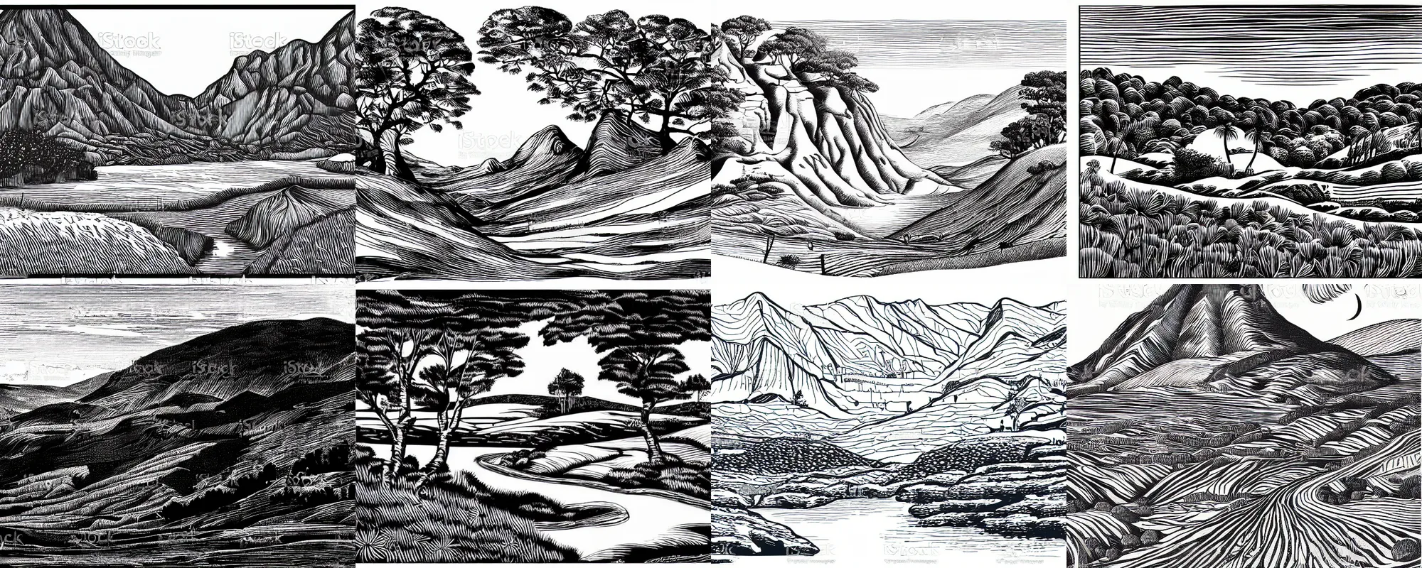 Prompt: landscape, beautiful vector art, engraving illustration, pure b&w