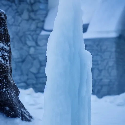 Prompt: large cloudy ice stalagmite on snow in game of thrones, 4 k, epic, cinematic, focus, movie still, fantasy, extreme detail, atmospheric, dark colour, sharp focus