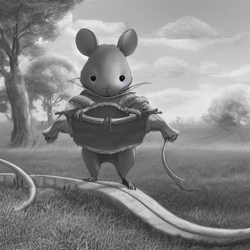 Prompt: a black and white matte painting of an anthropomorphic rat dressed in medieval clothing, renaissance, studio Ghibli, open landscape, plants