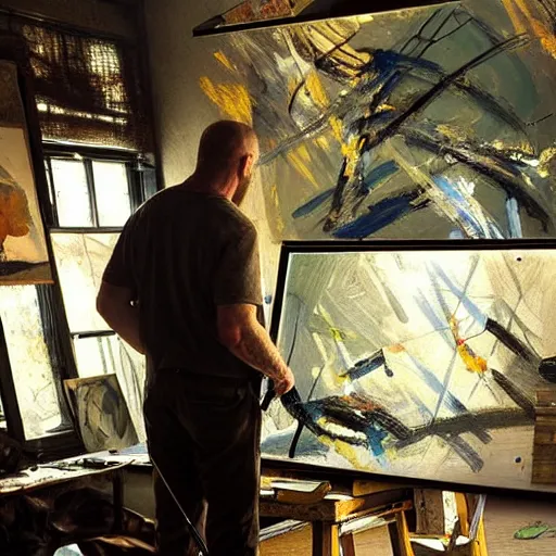 Prompt: jackson pollock at work in his studio, intricate, elegant, digital painting, concept art, sharp focus, rays of light, by greg rutkowski, gaston bussiere