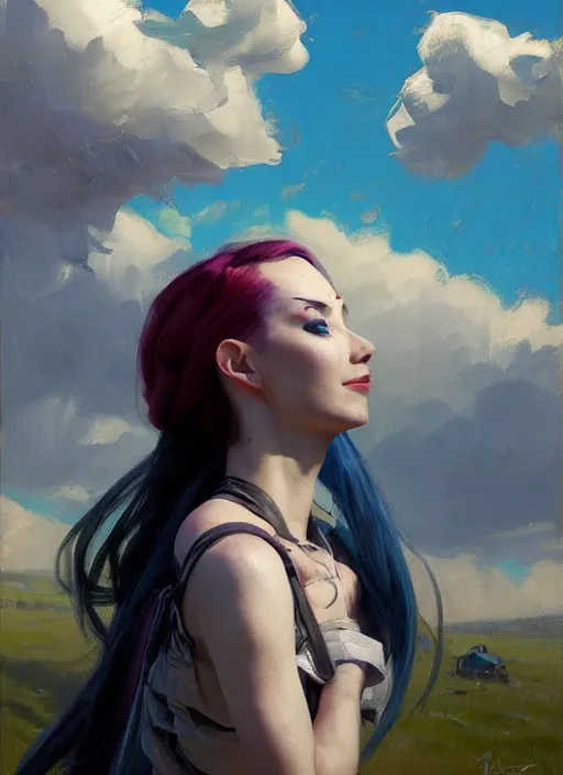 Image similar to portrait of Jinx from League of Legends after work, countryside, calm, fantasy character portrait, dynamic pose, above view, sunny day, thunder clouds in the sky, artwork by Jeremy Lipkin and Giuseppe Dangelico Pino and Michael Garmash and Rob Rey, very coherent asymmetrical artwork, sharp edges, perfect face, simple form, 100mm