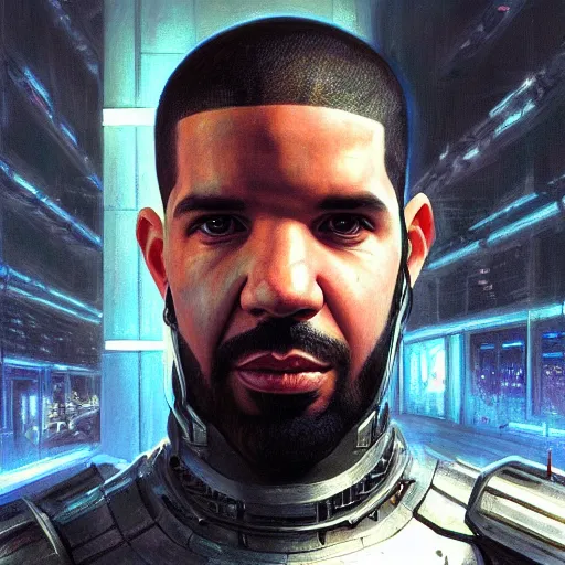 Prompt: drake as a realistic cyberpunk knight, closeup portrait art by donato giancola and greg rutkowski, realistic face, digital art, trending on artstation, symmetry!!