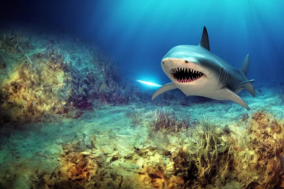 Image similar to ominous alien shark underwater, mysterious glow, HD nature photography