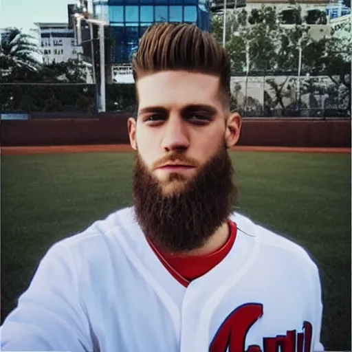 Image similar to “a realistic detailed photo of a guy who is an attractive humanoid who is half robot and half humanoid, who is a male android, baseball player Bryce Harper, shiny skin, posing like a statue, blank stare”