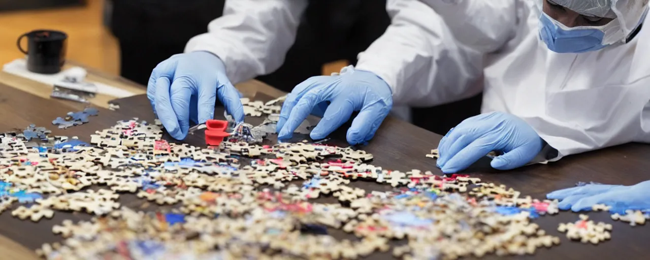 Image similar to a surgeon performing an operation on a jigsaw puzzle on a table