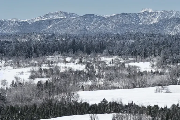 Prompt: long distance photo of snowy shrek range rising from swampy plains