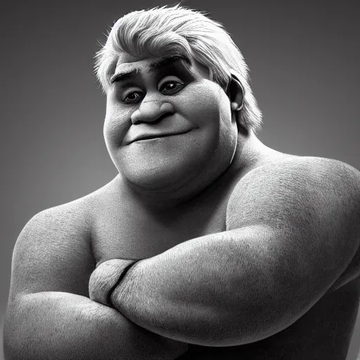 Prompt: professional fantasy art of jay leno he looks like shrek, professional art, horror art, volumetric lighting, unreal engine 5, very detailed art, jay leno with gray skin