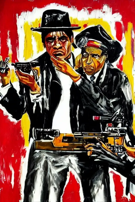 Image similar to scene from scarface movie, mafia, basquiat - style, retro - futuristic