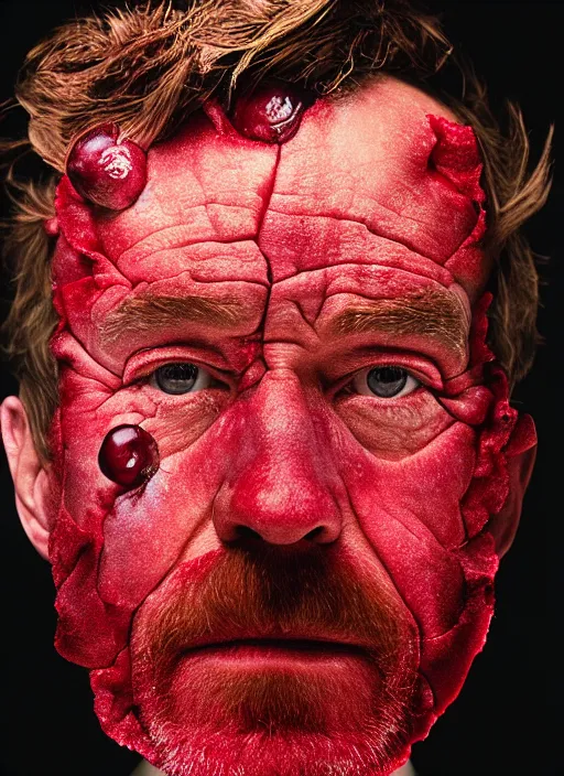 Prompt: cranberries fused with bryan cranston's face, red berry skin, cranberry helmet, studio light, bloom, detailed face, magazine, press, photo, steve mccurry, david lazar, canon, nikon, focus