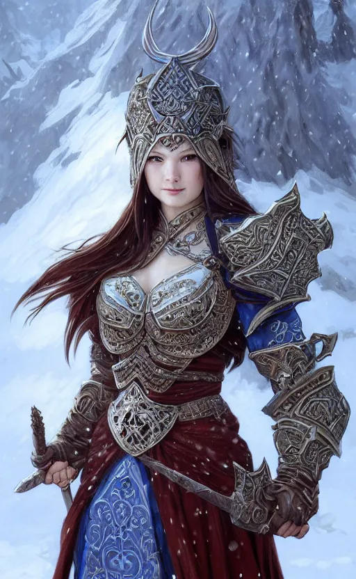 Image similar to azure viking warrior, regal, elegant, winter, snow, beautiful, stunning, hd, illustration, epic, d & d, fantasy, intricate, elegant, highly detailed, wide angle, digital painting, artstation, concept art, smooth, sharp focus, illustration, wallpaper, art by artgerm and greg rutkowski and alphonse mucha and jin xiaodi