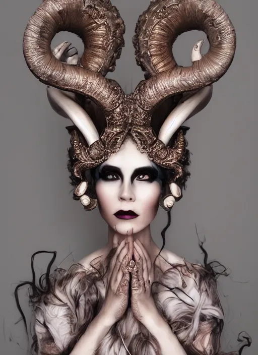 Image similar to a portrait of female by candy makeup, photorealistic, intricate details, hyper realistic, fantasy, elegant, baroque, horn, ram skull headpiece, photorealistic, photography, symmetrical features, symmetrical pose, wide angle shot, feet on the ground, wearable art, unreal engine