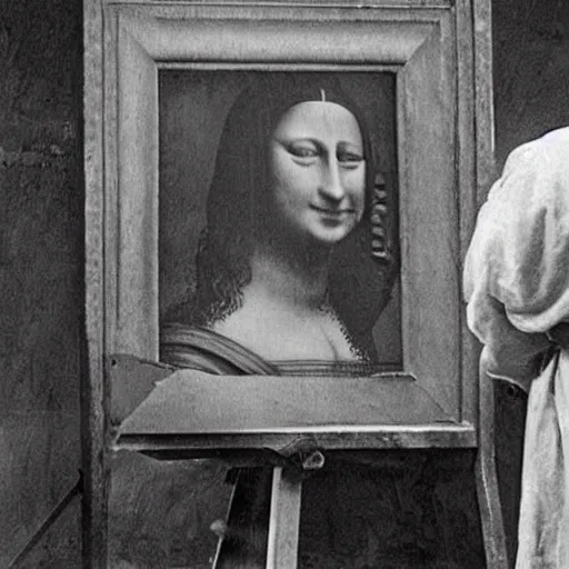 Image similar to rare old photo from behind of leonardo da vinci painting his unfinished painting of monalisa