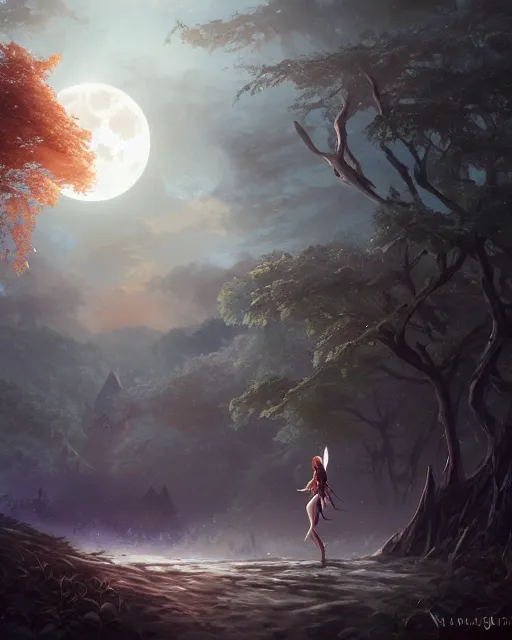 Image similar to attractive fairy goddness fly high in the night, d & d, fantasy, mist, full moon in background, trees, hyper detailed, art by artgerm and greg rutkowski and magali villeneuve, midium shot, 8 k realistic, cryengine, digital painting, trending on artstation, concept art, sharp focus, illustration,