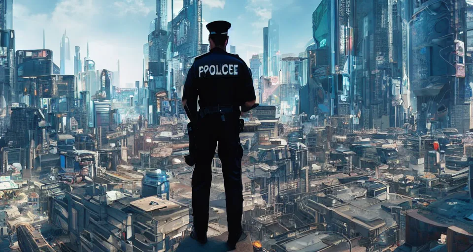 Prompt: a futuristic policeman stands on a rooftop of a cyberpunk city