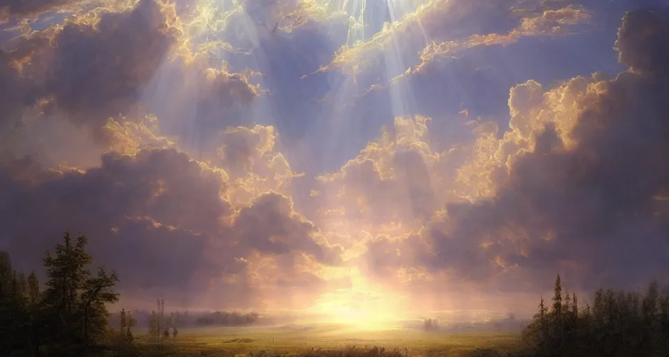 Image similar to heaven!! with angels floating on clouds!! god rays, by eugene von guerard, ivan shishkin, dramatic lighting, concept art, trending on artstation, 8 k