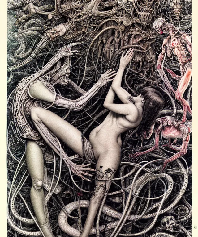 Prompt: realistic detailed photo of the miracle of life by H.R.Giger, Vania Zouravliov, by Ayami Kojima, Amano, Takato Yamamoto