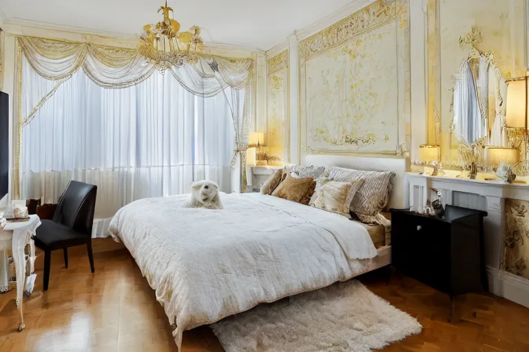 Image similar to A sunny bedroom, exquisite decoration, all New York Apartments style furniture, polar bear, high tech